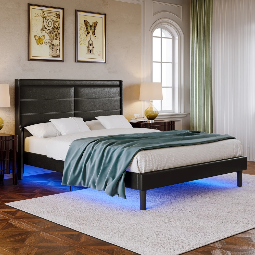 Queen PU Leather Upholstered Bed Frame with Lights,Platform Bed Frame with Stitched Wing-Backed Headboard Strong Wooden