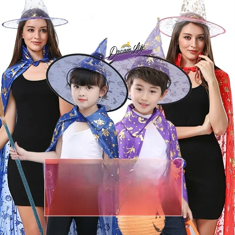 

Halloween Children's Performance Costume Witch Cloak Girls' Outfit Boys' Wizard Costume Parent-Child Clothes Floral Memory