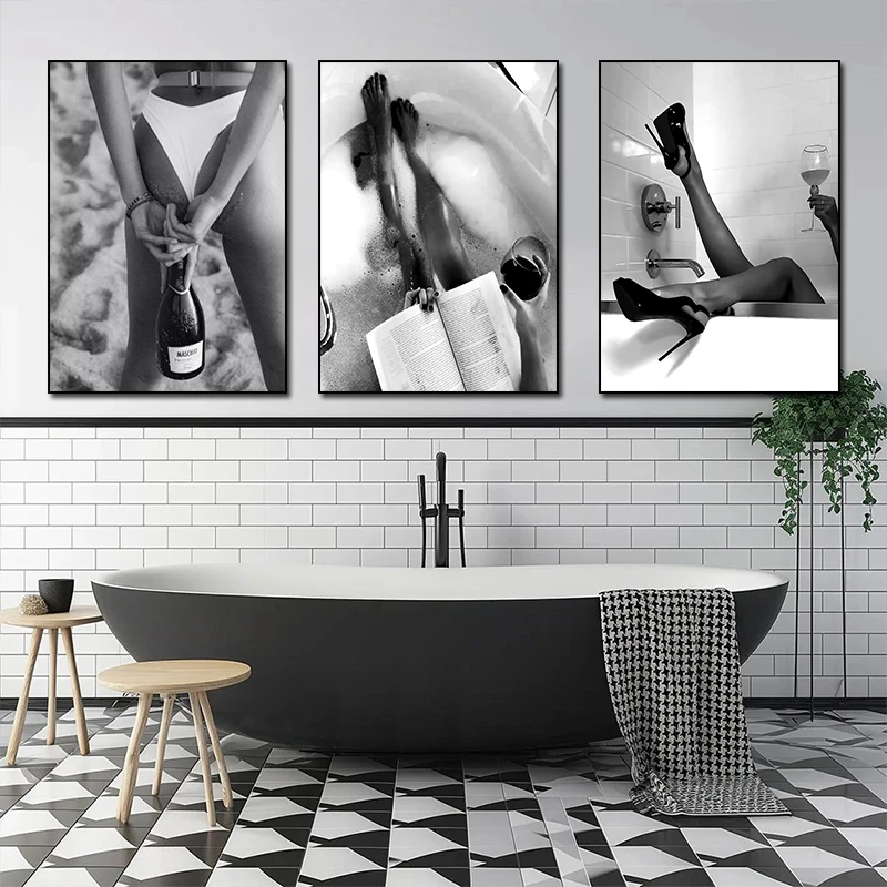 Luxury Fashion Woman Poster Drinking Wine in Bathtub Beach Prints Feminist Bar Canvas Painting Wall Art Picture Home Room Decor