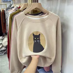 Female Korean Solid Color Cartoon Printed Casual T-shirt Autumn Winter Thick Long Sleeve Fashion O-Neck Tops Women's Clothing