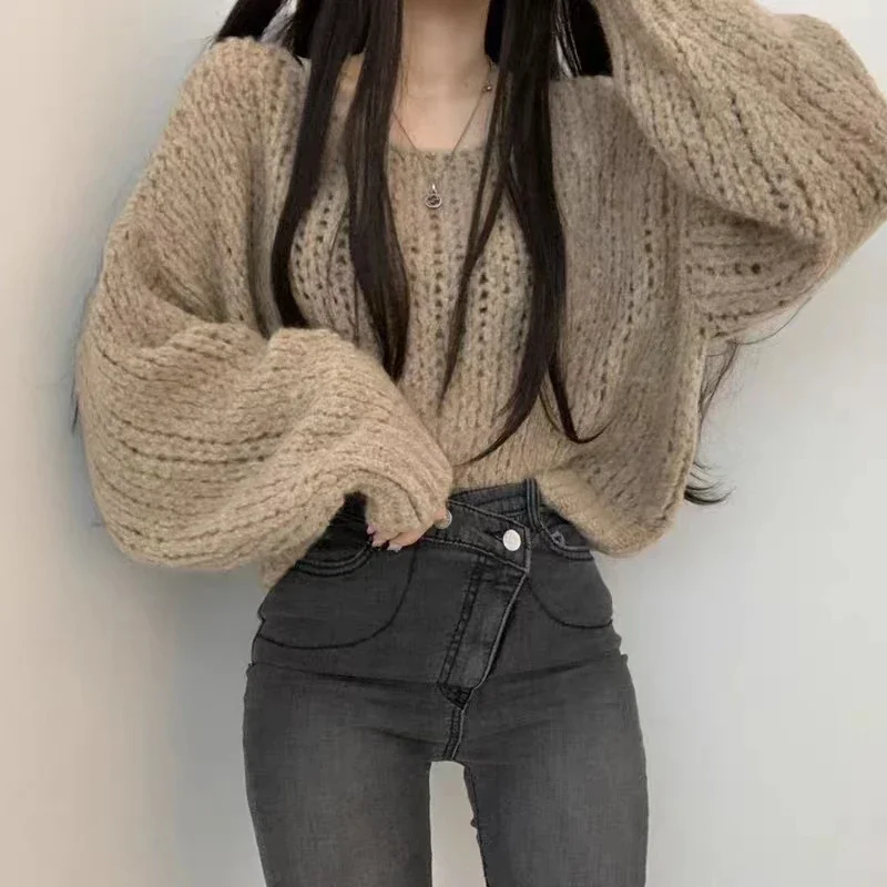 Women Lantern Sleeve O-Neck Knitted Pullovers Hollow Out Solid Sweater Autumn Winter For Women Casual Loose Sweater 2023