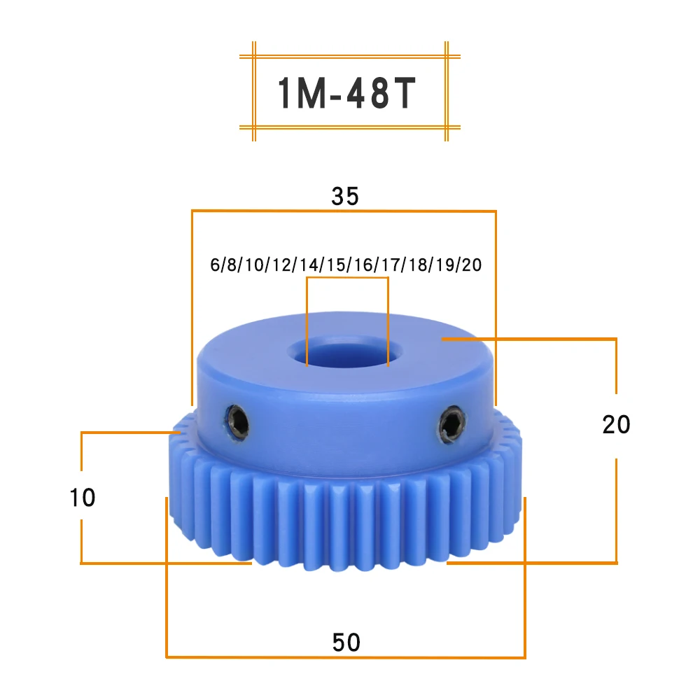 青いプラスチックギアモーター伝送部品、1m-45t/48t歯ピッチ、3.14mm、高さ10mm、ボアサイズ6、8、10、12、14、15mm