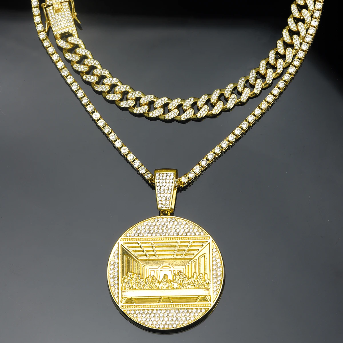 Hip Hop Punk Last Supper Medal Pendant Necklace Set Men Women Stylish Pendant+Cuban Chain+Tennis Chain 3-in-1 Set Jewelry Gift