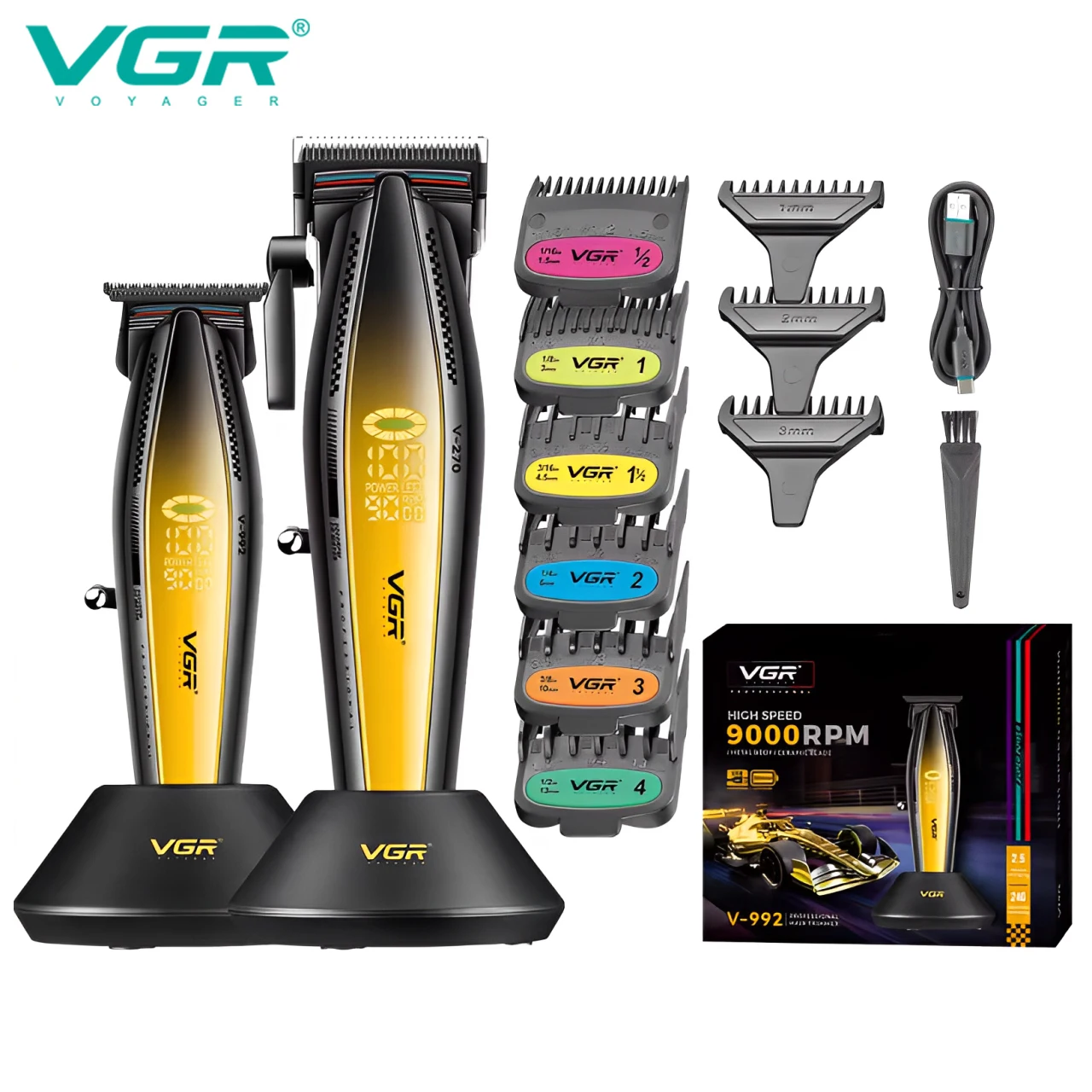 Máquina de cortar cabelo masculina de última geração VGR V-992 V-270 com corpo de cor gradiente, aparador de cabelo profissional com display digital LCD e pus