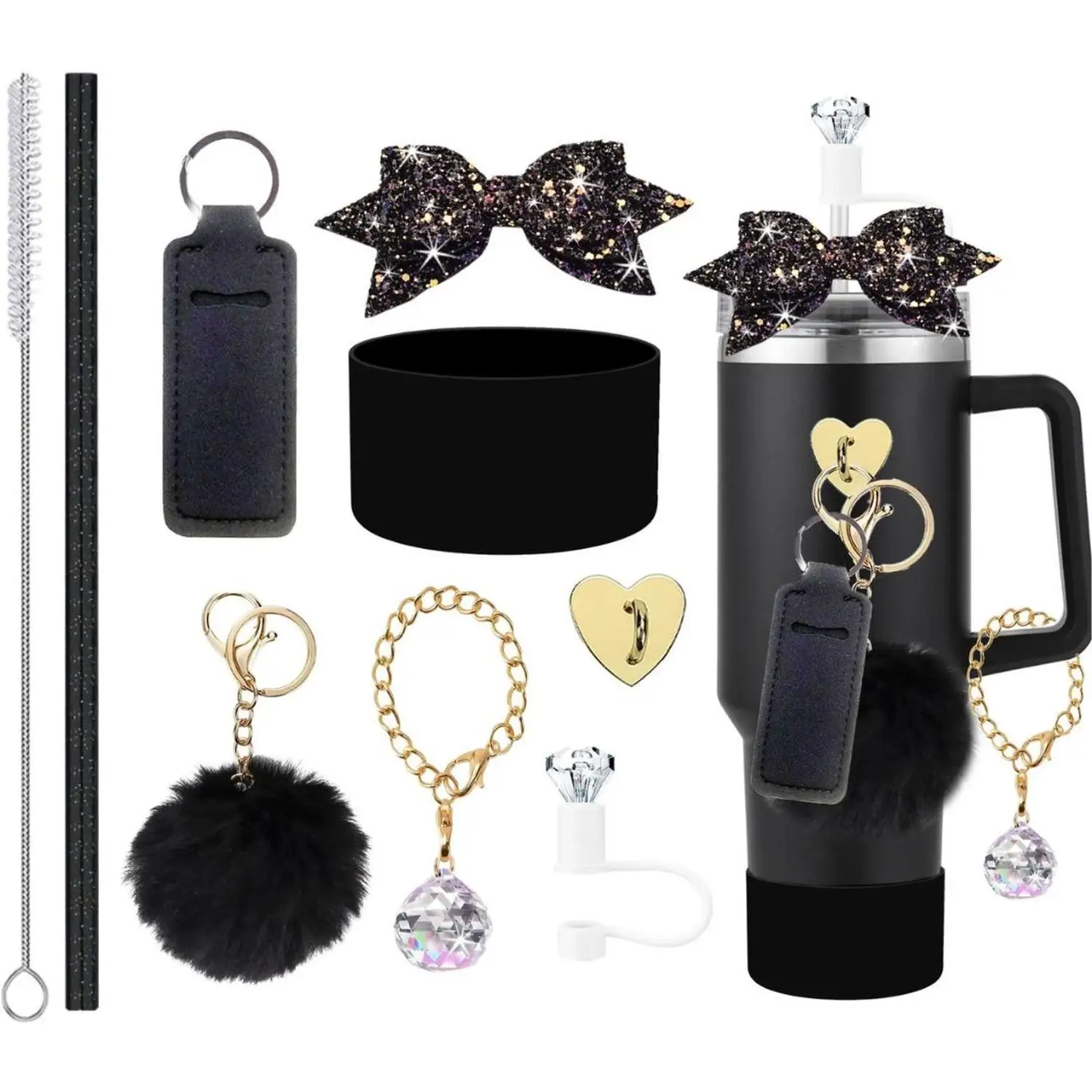 For Stanley Decorative Straws with Bow Toppers Cup Sleeves Crystal Ball Pendants Ins Pom-Pom Keychains