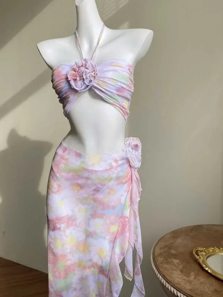 บิกินี่สีชมพูชุดทีพีซชายหาด Vaion ชุดว่ายน้ํากระโปรง Sle ชุดว่ายน้ําพร้อมแผ่นหน้าอกไม่มีเหล็กรองรับ Garden Secret