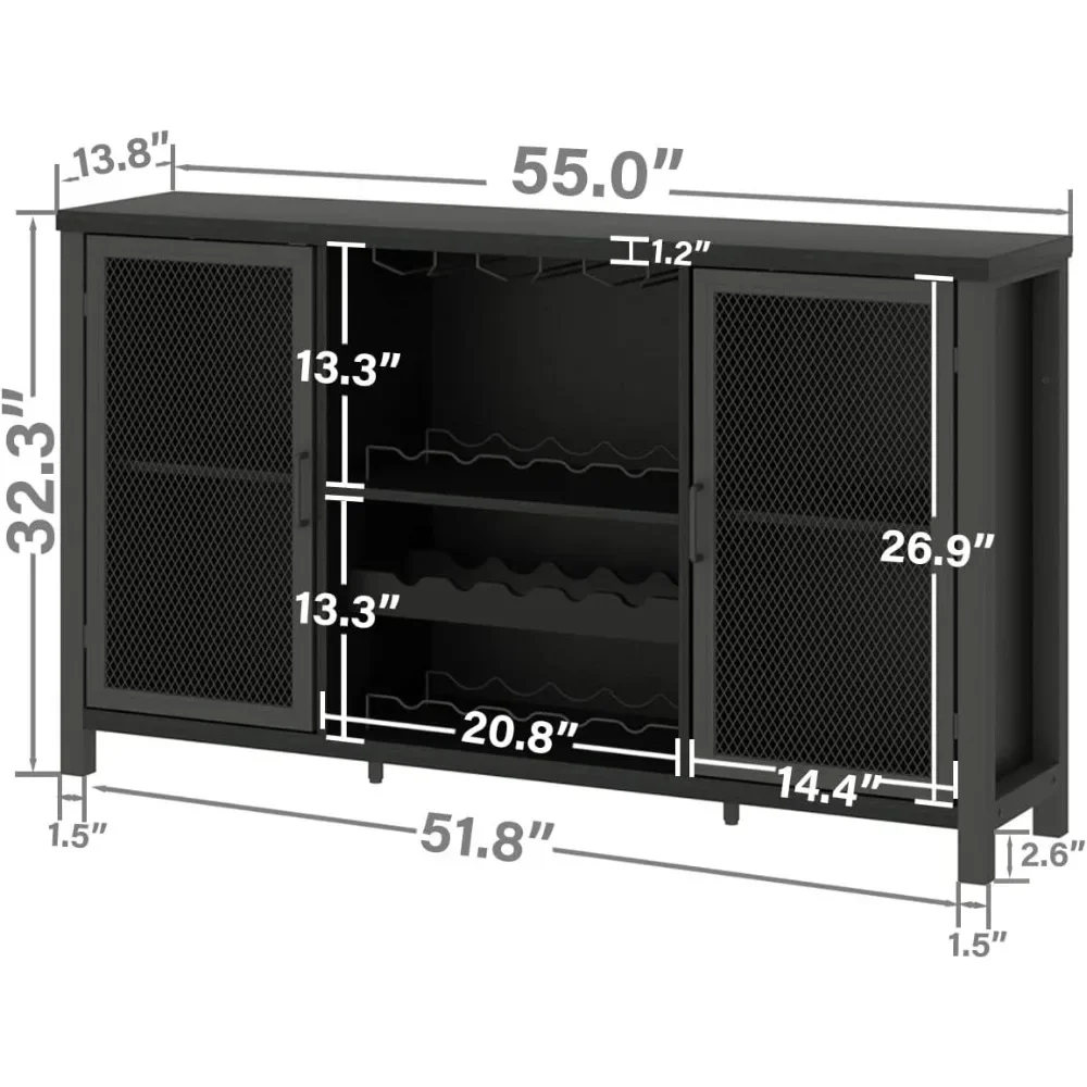 Coffee Bar Cabinet com Wine Rack Storage, Cozinha Industrial Buffet Cabinet para Licor e Café, Farmhouse