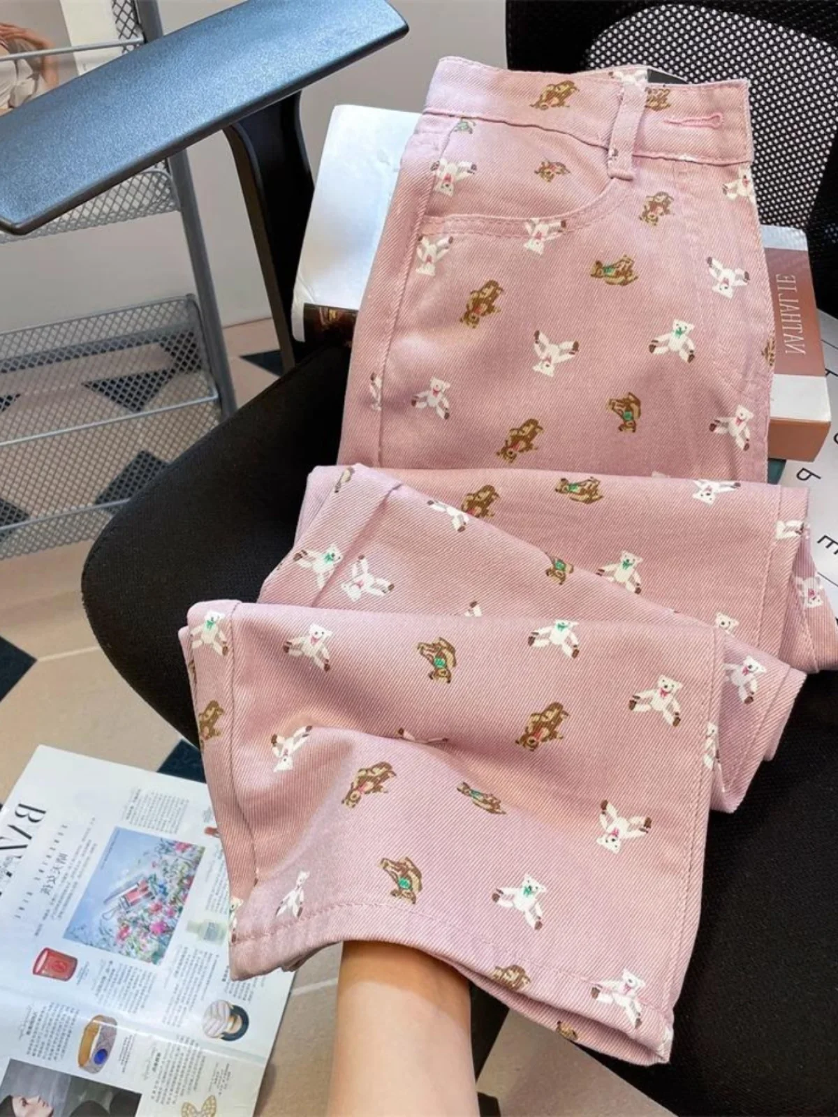 

Джинсы женские с принтом розового медведя, широкие, на осень-зиму, с высокой талией, свободные, прямые, длинные, из хлопкового стрейч-денима