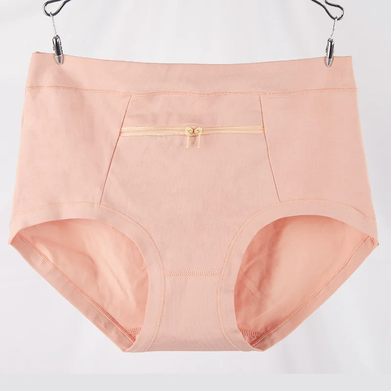 Women Underwear Anti-theft Zipper Pocket High Waist Stretch Breathable Cotton Middle-aged Mom Grandma Brief Panties Underpants