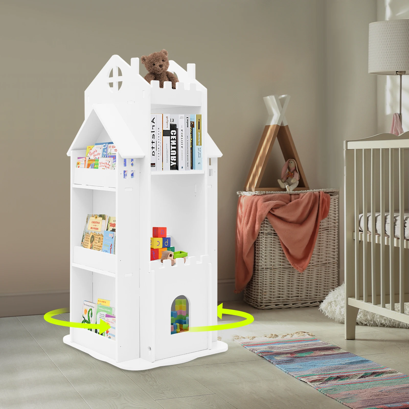 Rotating Children's Bookshelf, 95x41x41cm White Book Display Shelf, Floor Standing Bookshelf