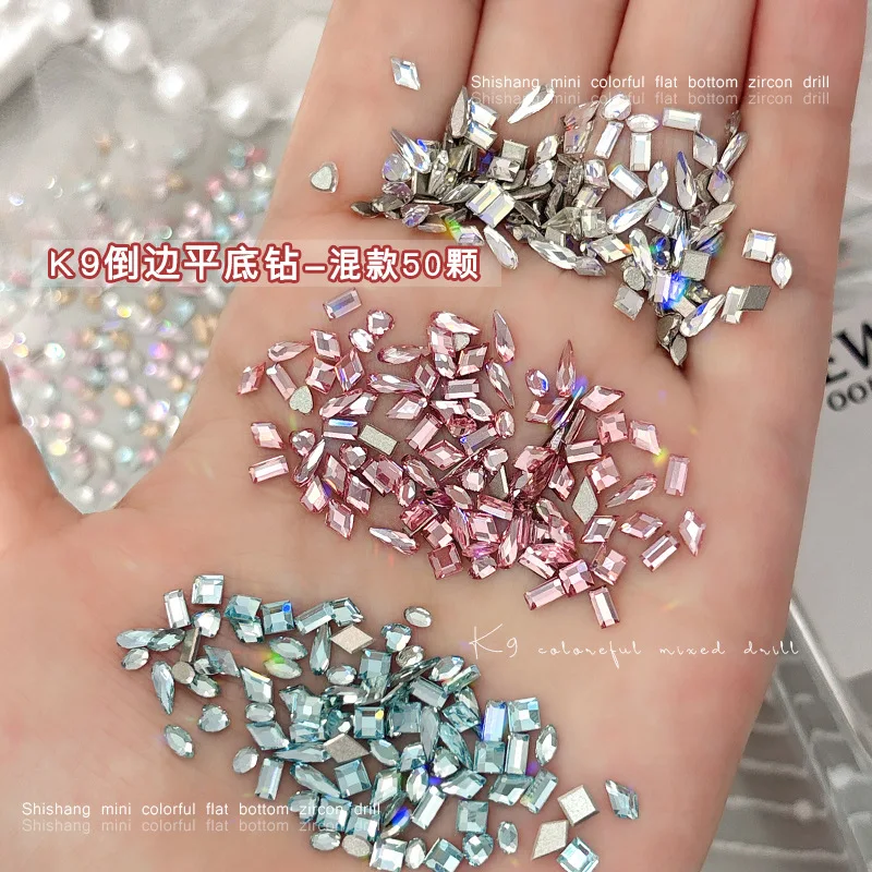 50PCS Sparkle Mini K9 Diamonds Chamfered Flatback Pink Blue Moonlight Nail Art Rhinestones Decorations Manicure Mix Shape Charms