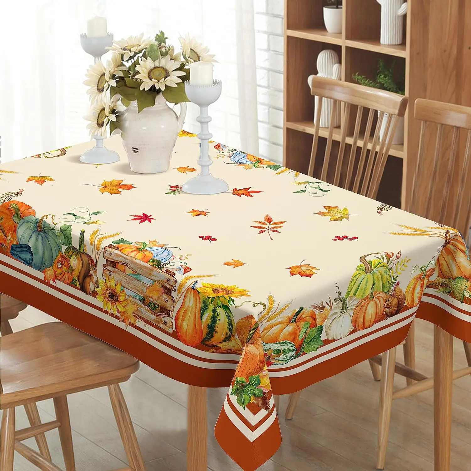 Thanksgiving Autumn Harvest Pumpkin Sunflower Maple Leaf Rectangle Tablecloth Holiday Party Decor Reusable Tablecloth for Table