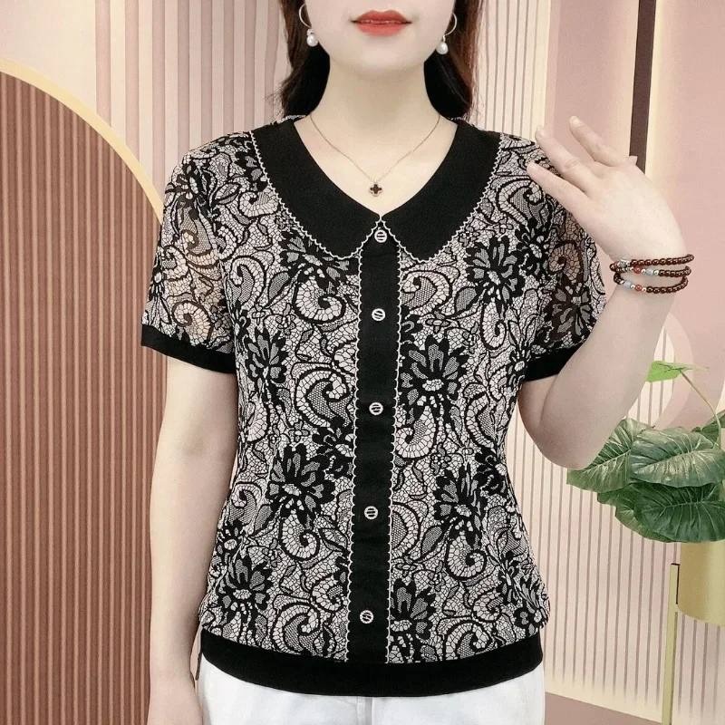 Fashion Korean Floral Short Sleeved T-shirt Women's Polo Collar Simple Temperament Patchwork Gauze Buttons Summer New Loose Top