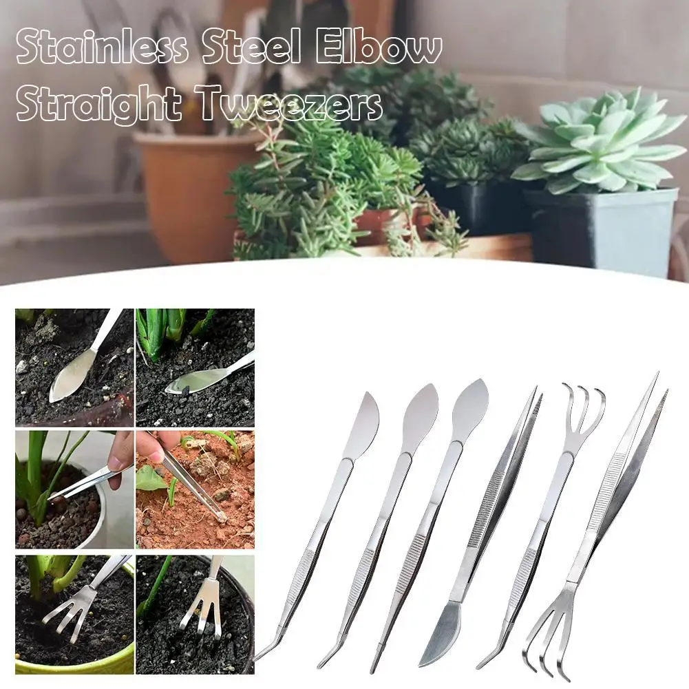 2-in-1 Stainless Steel Elbow Straight Tweezers Rake Soil Farming Tool Bonsai Tweezers Dual Head Practical Gardening Tool