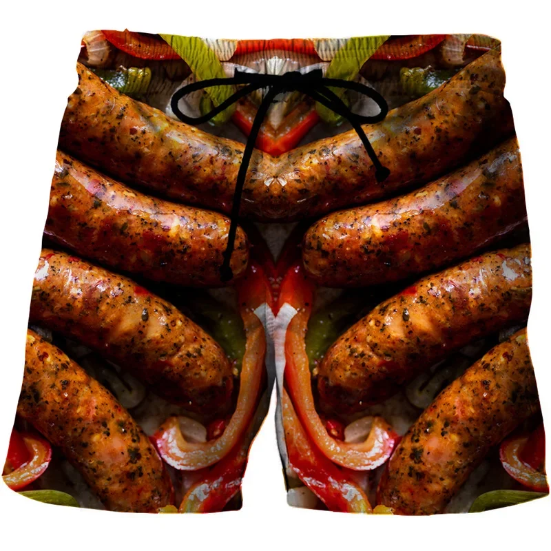 Sausages Food Graphic Beach Shorts Men Short Pants 3D Pizza Printed Elastic Waist  Board Trunks Swimsuit Woman Surf Shorts