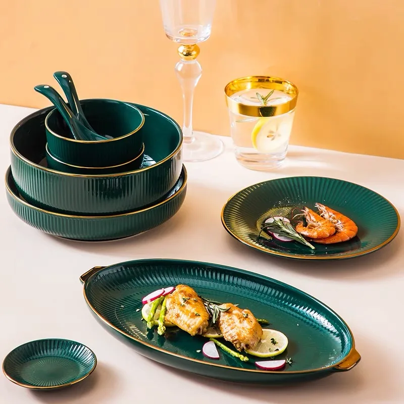 Green Porcelain Dinner Ceramic Dishes Plates for Food Salad Soup Bowl Tableware set for 1/2/4/6/8 Person for Party Restaurant