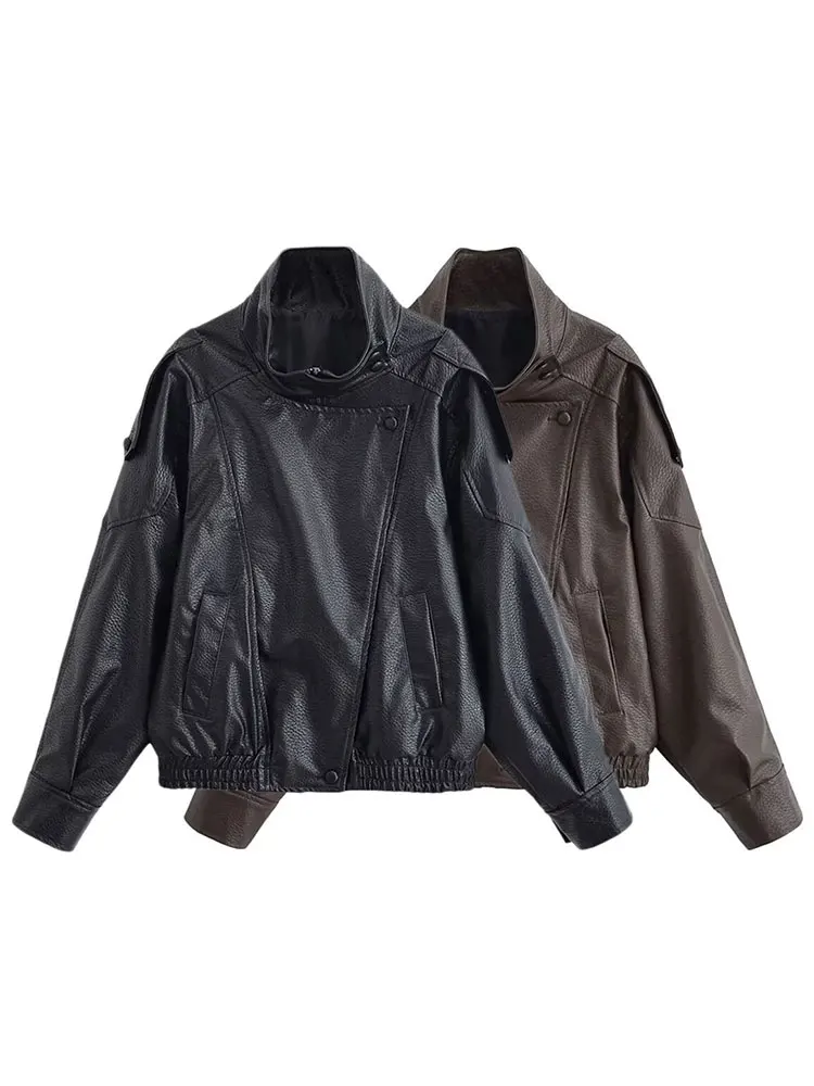 

HH Women Vintage Motorcycle Pu Leather Jacket Solid Casual Long Sleeve Zipper Faux Leather Jackets Coats High Street Outwear