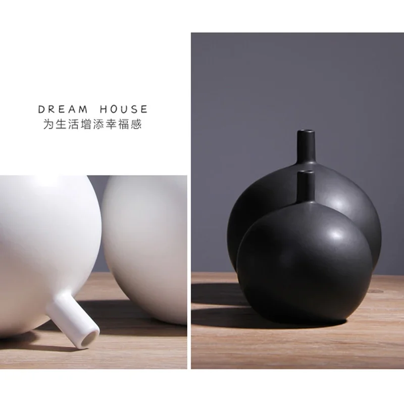 Nordic modern black and white ceramic hydroponic vase round ornament table flower Vases home decoration ornaments spherical - view 4