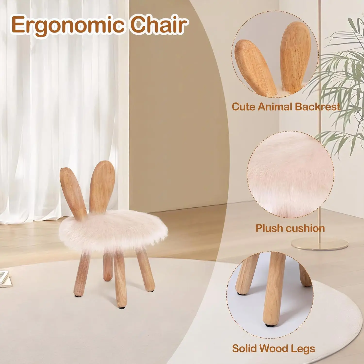

Bunny Chair For Kids 1-4 Years, Wooden Base With Removable Cushion,Anti-Tip Toddler Stool,Baby Nursery Decor Gift,Rabbit