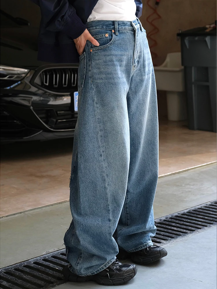 SHENGPALAE Spliced Washed Jeans For Women High Waist Wide Leg Denim Pants Streetwear Female Trousers 2024 Winter New 26D9963