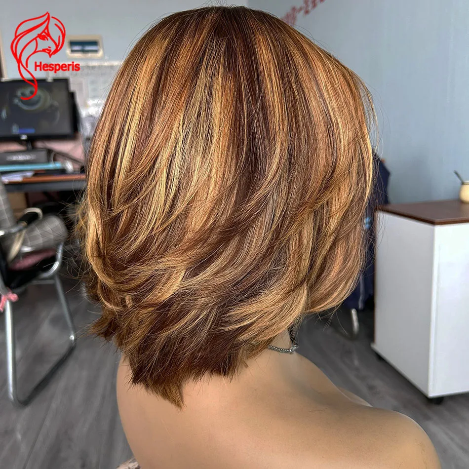 Hesperis Honey Blonde Highlight Full Machine Made Wigs Human Hair Brazilian Remy Short Bob Cut Wig With Bangs Scalp Top Ombre