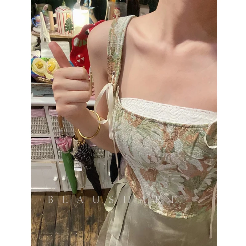 Women Bandage Corset Korea Style Fashion Poppy Embroidery Summer Vintage Lace Up Camisole Women Bow Bandage Hollow Tank Top