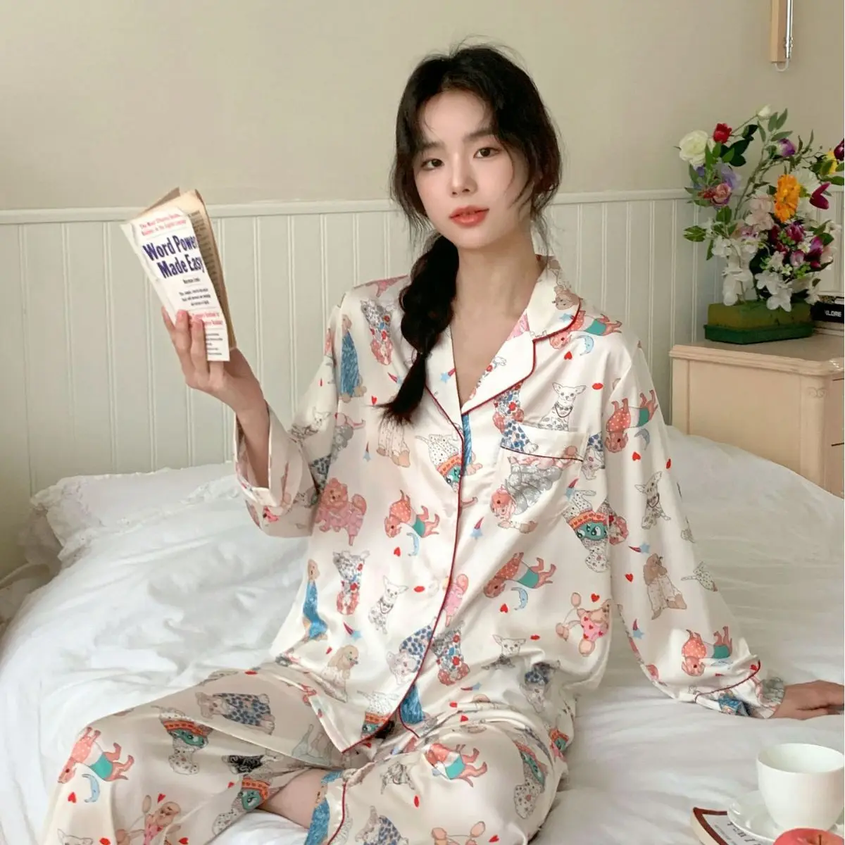 Poodle Print Pajamas Women Silk Like Cute Dog Two Pieces Set Long Sleeve Tops Full Length Pants Lounge Spring Autumn 32903