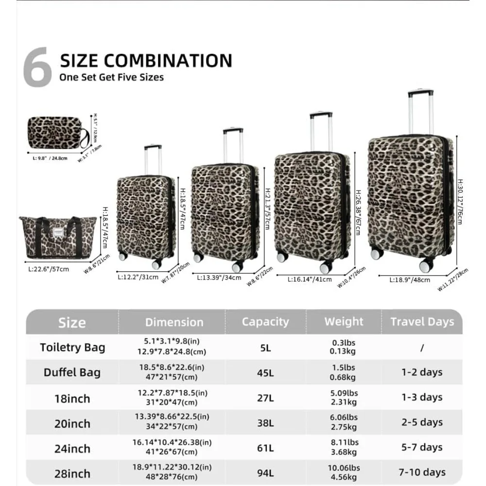 Erweiterbares Hardshell-PC+ABS-Gepäckset – 6-teiliges Leopardenmuster mit Spinnerrädern, TSA-Schloss, leichter Rollkoffer für