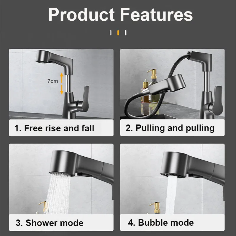 Black/Silver/White Dual-function Pull-down Bathroom Sink Faucet: Adjustable Height,, Anti-leak Brass Core, 360° Rotation