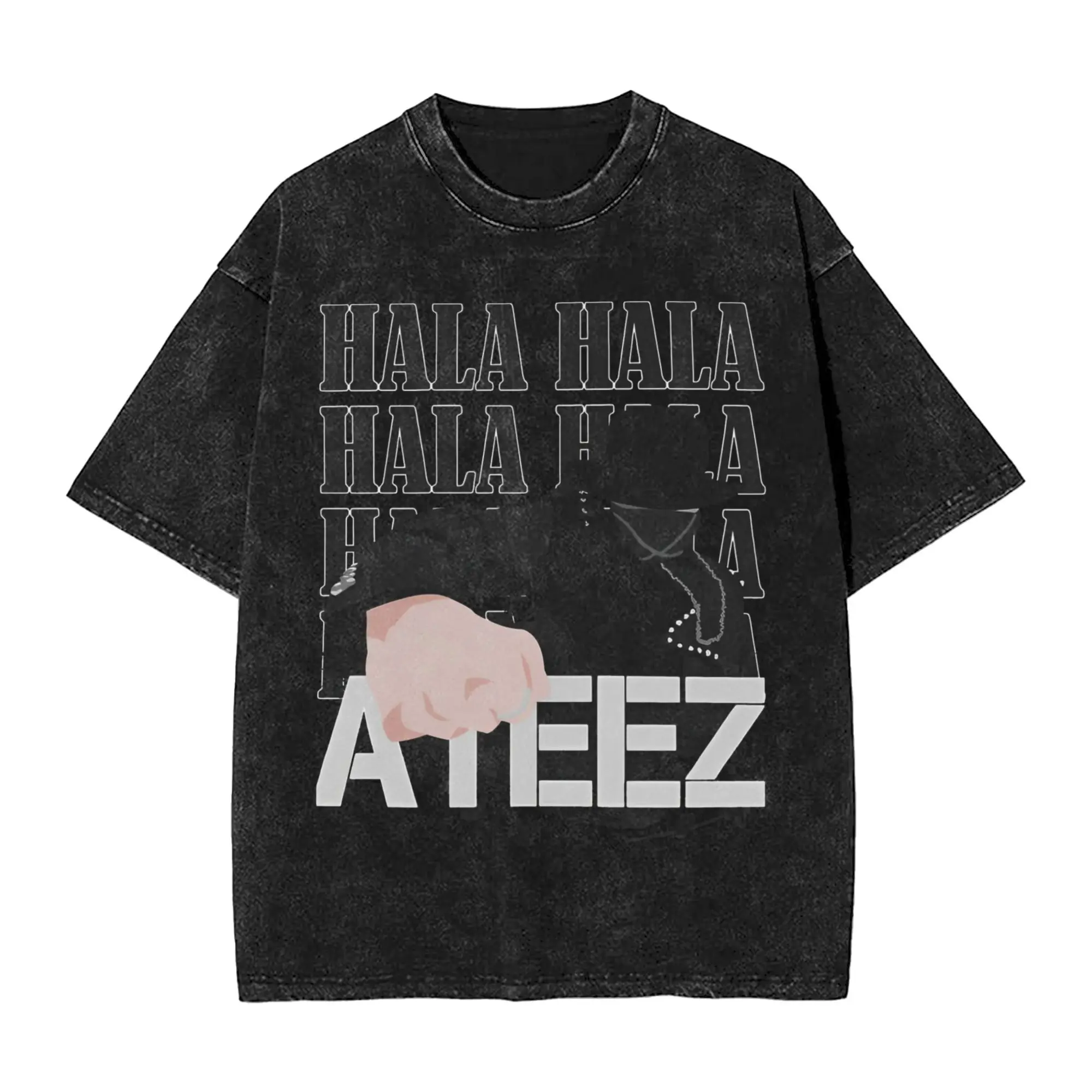 

Kpop Band Ateez Halazia Men T Shirt Washed Awesome Tee Shirt Short Sleeve Round Neck T-Shirts Pure Cotton Printed Clothing