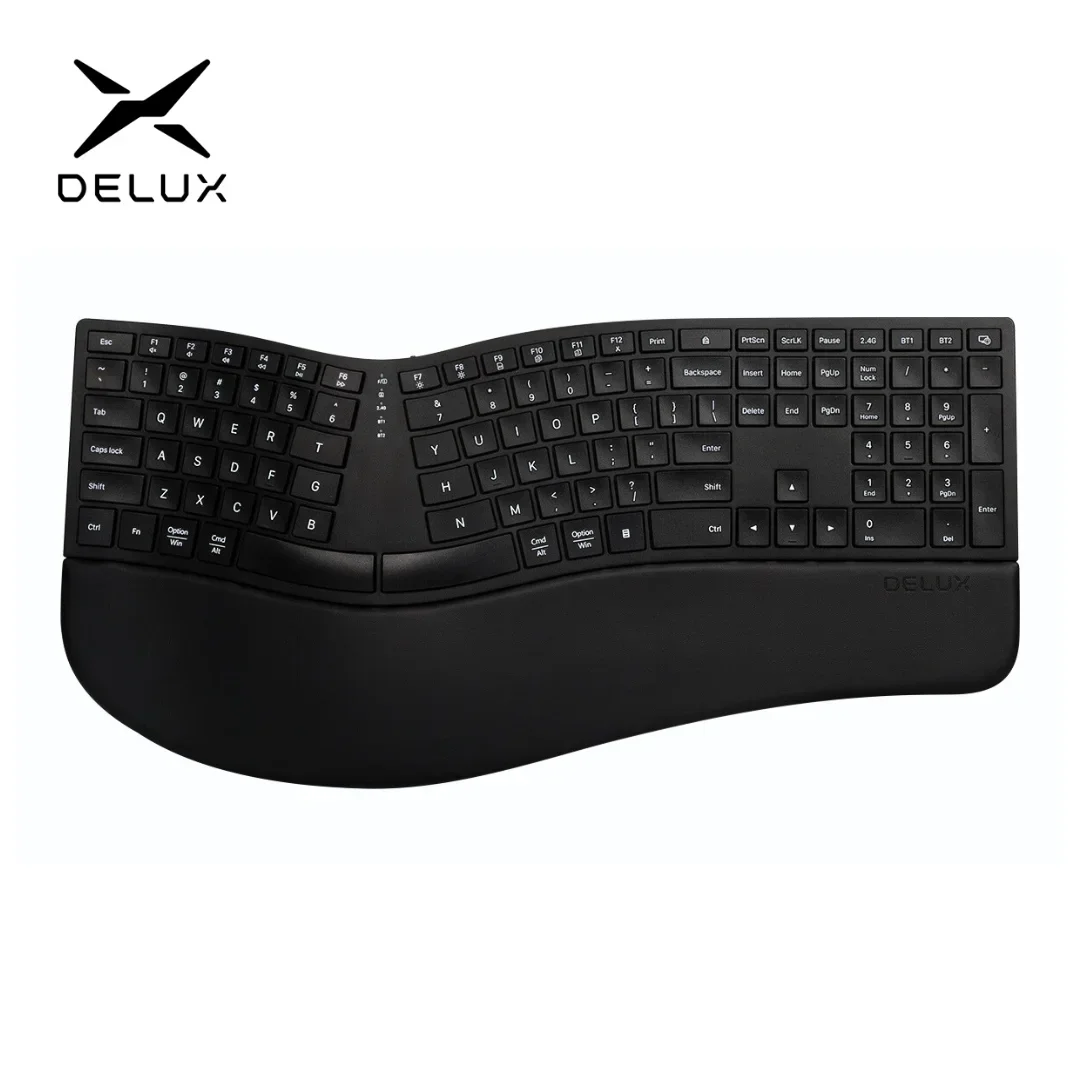 Delux GM909 Ergonomic Keyboard Wireless 2.4G/Bluetooth Rechargeable Full Size with Scissor Switch,Palm Rest for Windows and Mac