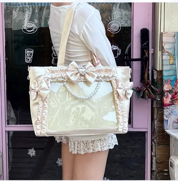 

Japanese Original Satin Princess Lolita Bow Pearl Lace Ruffled Tote Bag Female Large Capacity Sweet Cute Shoulder Lta Bag Women