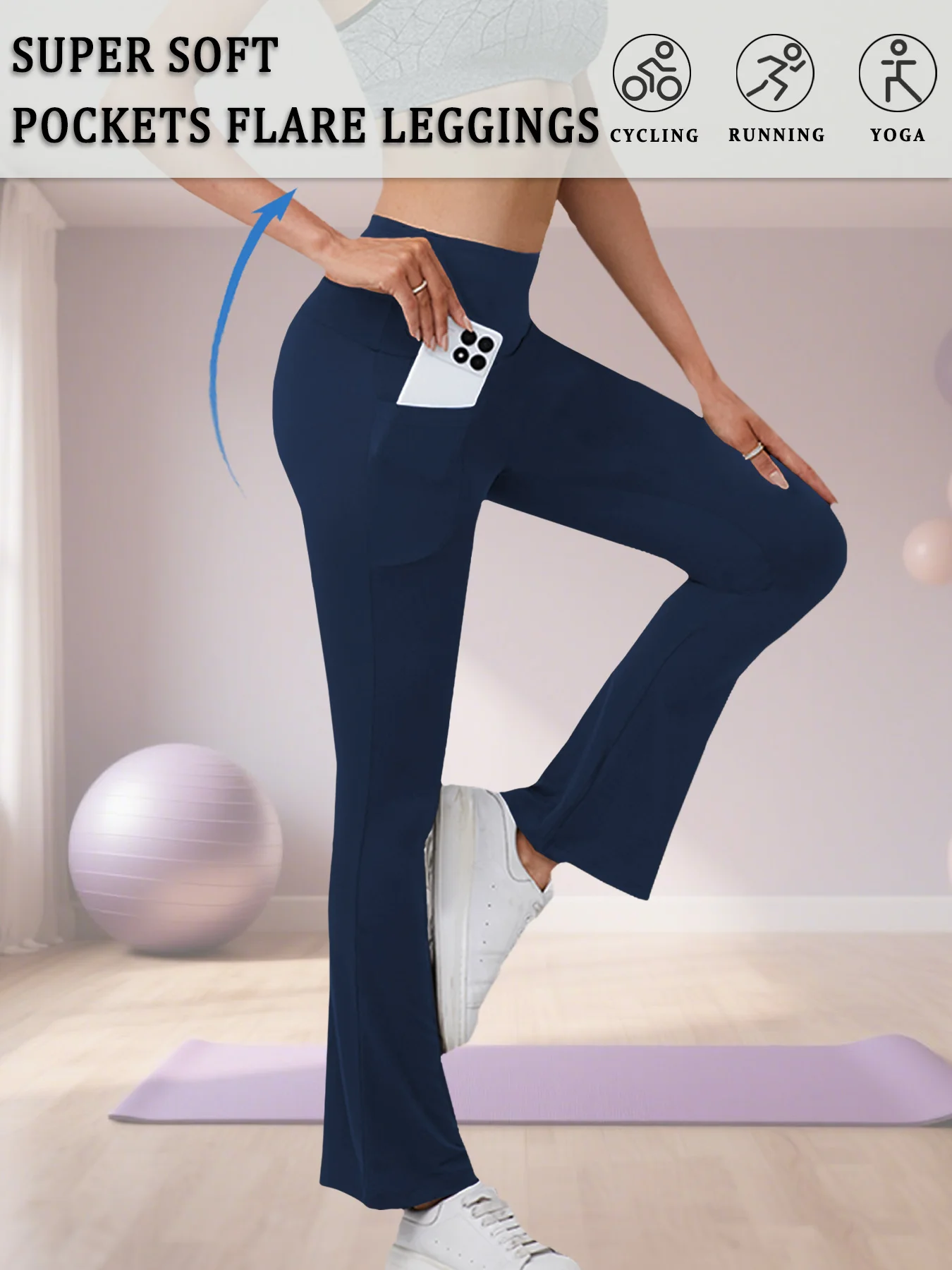 Celana Flare Super Lembut Wanita dengan Saku Pinggang Tinggi Kontrol Perut Latihan Yoga Push Up Gym Fitness Legging Bell Bottoms
