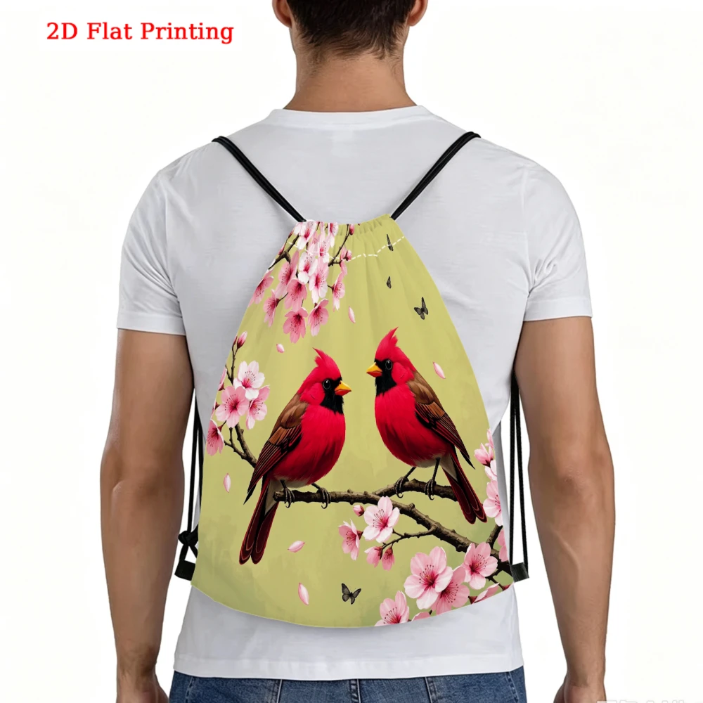 Red Cardinals On Cherry Blossoms Drawstring Backpack, Travel Shoe Bag, Fitness Sports Backpack, Travel Outdoor Drawstring Bag