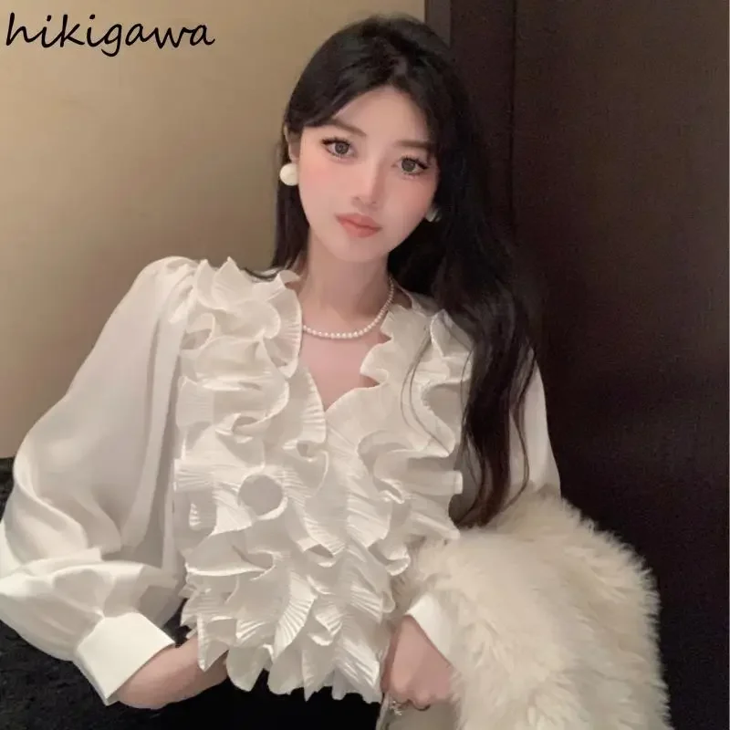 Temperament Lady Tops Blouses for Women V-neck Long Sleeve White Shirts 2024 Blusas Mujer De Moda Ruffles Loose Summer Blouse