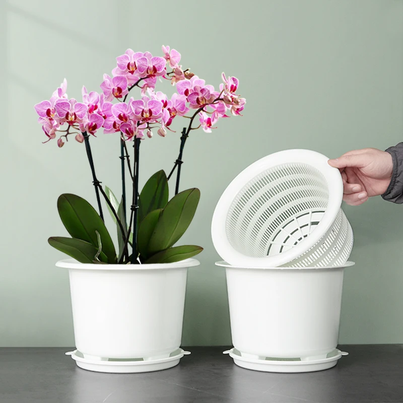 

Meshpot 12cm 16cm 20cm Dia. Plastic Flower Pot with Air Holes White Orchid Flower Pot Set with Saucers for Indoor-Outdoor Plants