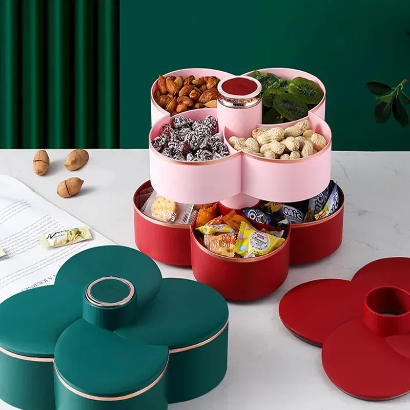 

Petal-Shape Rotating Candy Box Snack Nut Box Flower Candy Fruit Plate Food Storage Case Two-deck Dried Fruit Storage Organizer