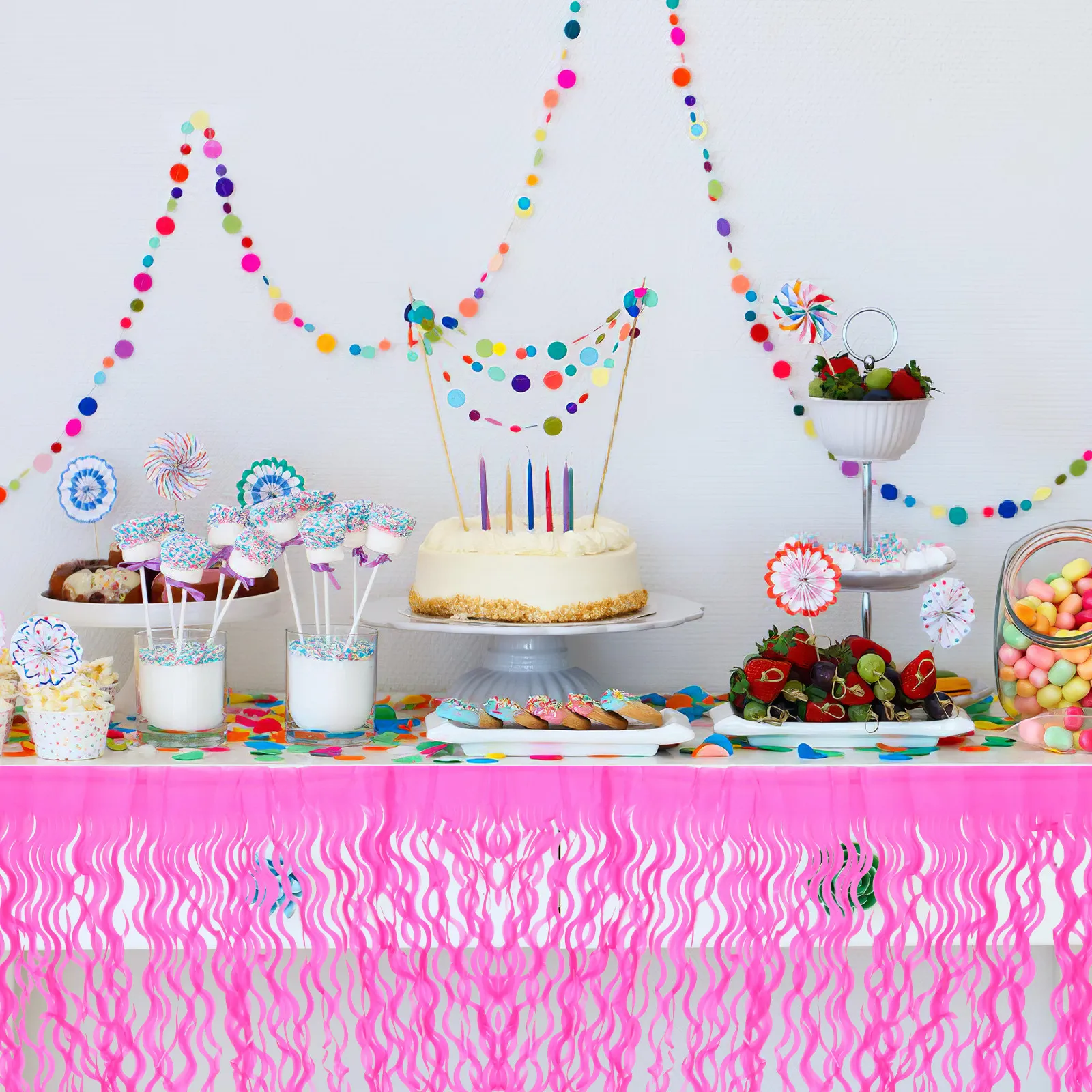 Macaron Pink Metallic Tinsel Fringe Table Skirt with Stylish Tassels for Birthday Party Wedding Fiesta Carnival Festival Table