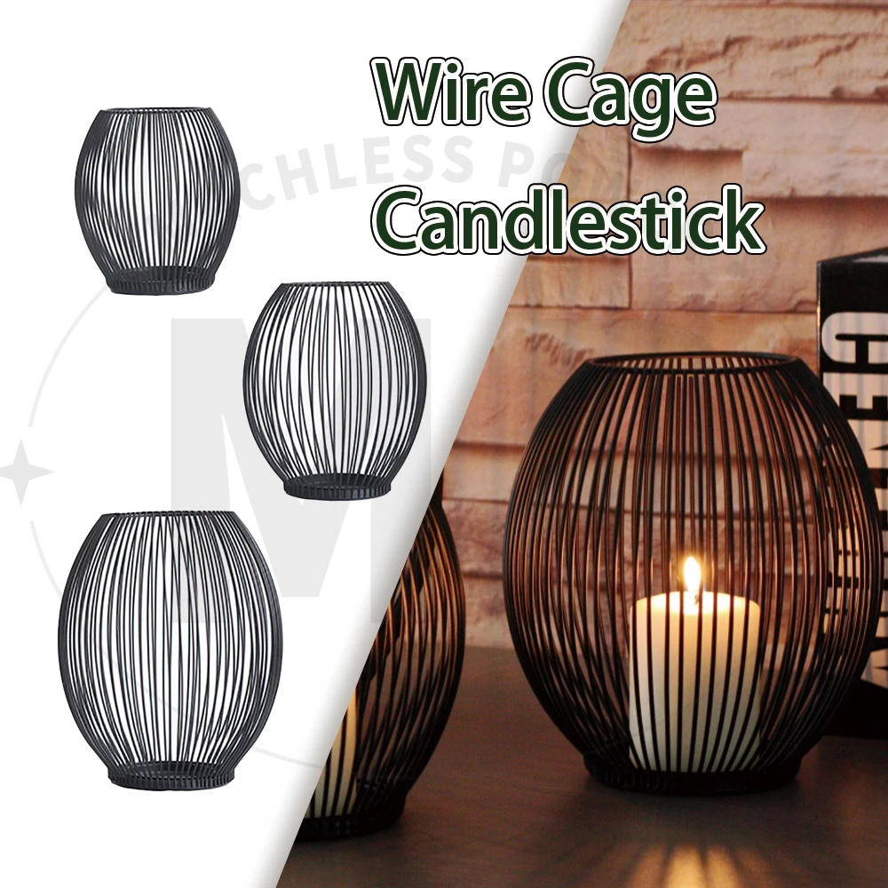 Matte Black Wire Cage Candlestick Vintage European Style Lanterns Metal Candle Holder Iron Vases Candle Stand Table Decorative