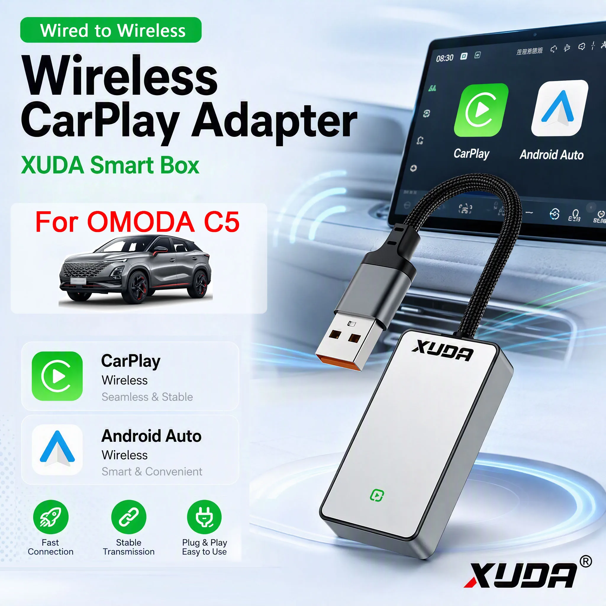 XUDA For OMODA C5 Apple CarPlay Android Auto Smart Box,WiFi BT.Calls Music Multilingual Google Map Spotify Waze Voice Control.