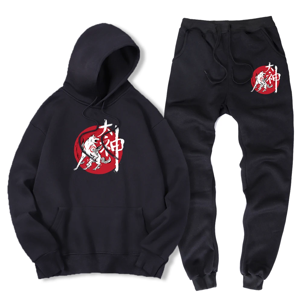 Japanese Anime Great God Sumi-E Printing Men Hoody + Pant Fashion Warm Sportswear Suit Winter Sweatshirt + Sweatpant 2 Piece Set