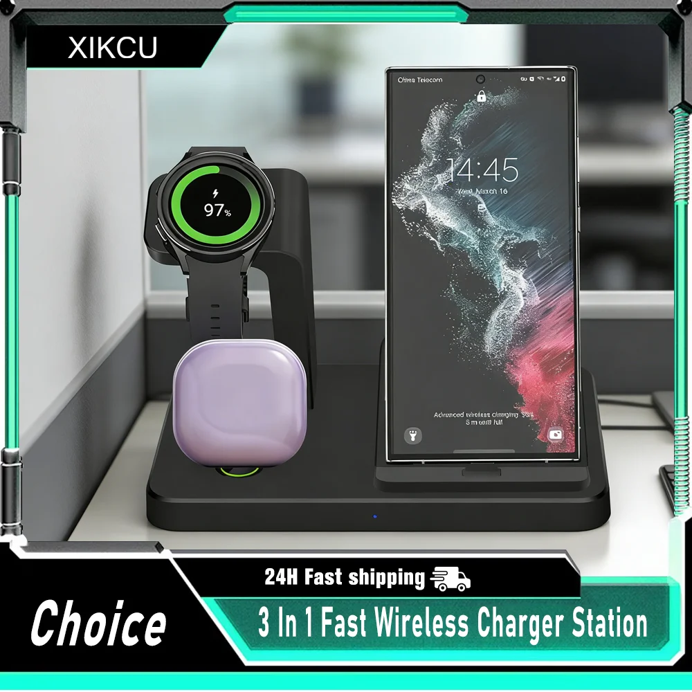 

Беспроводное зарядное устройство 3 в 1 для Samsung S25 S24 S23 для Galaxy Watch 8 7 6 5 Pro 4 3 Buds 3 Dual Type C Ports Станция быстрой зарядки