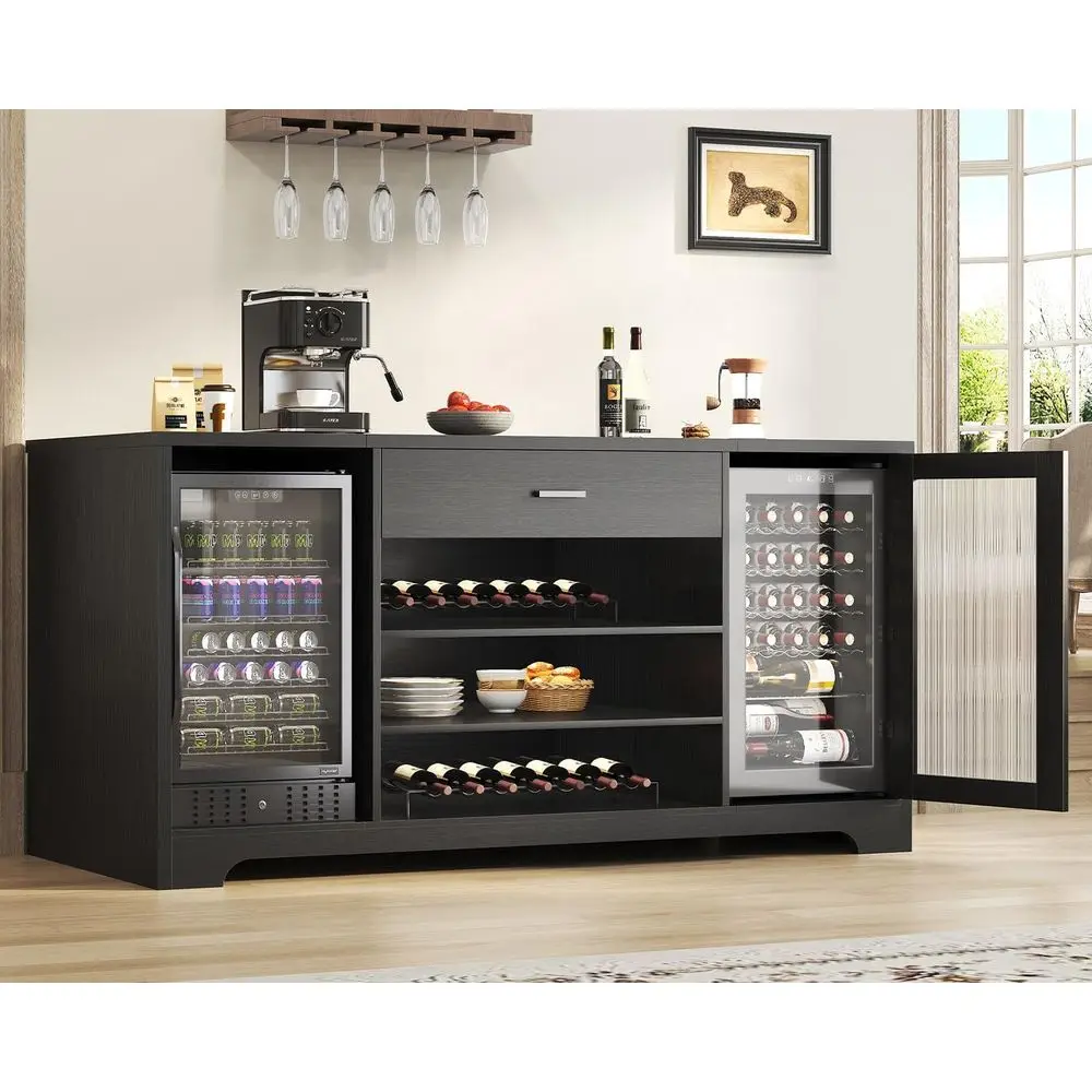 

70 Inch Wide Sideboard with Ridged Space, Wine & Liquor Storage, and Built-in Refrigerator for Kitchen Dining Area, Black