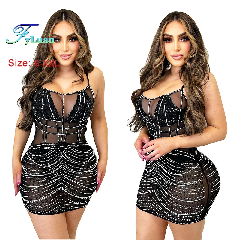 Durchsichtiger, ausgeschnittener Taillen-Frauen-Hosenträger-Kurzrock, eng anliegend, sexy Pailletten-Hosenträger, mittellanger Rock, Abend- und Geburtstagsrobe