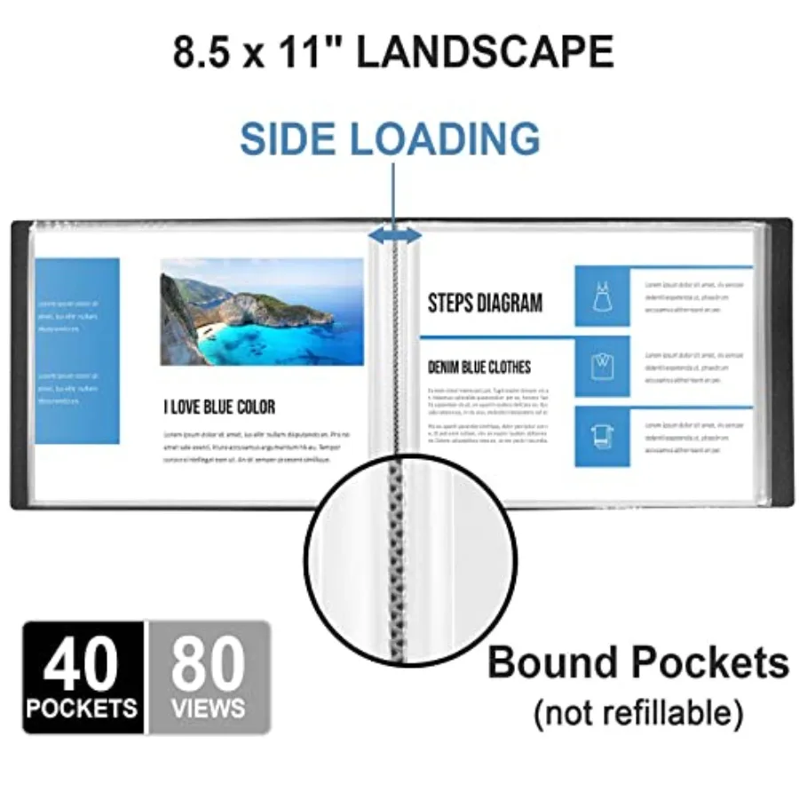 مجلد منظر طبيعي 8.5 × 11 بأكمام 40 جيبًا يعرض كتاب عرض 80 صفحة 8.5 بوصة × 11 بوصة حجم الحروف ورق أفقي