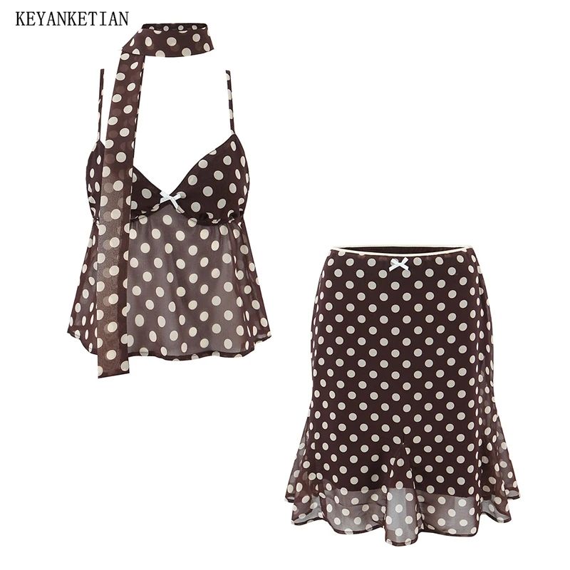 

KEYANKETIAN 2026 New Y2K Retro Polka Dot Skirt Set Women Sexy Halter Neck Crop Top & Flowy Skirt Two Piece Outfit Streetwear