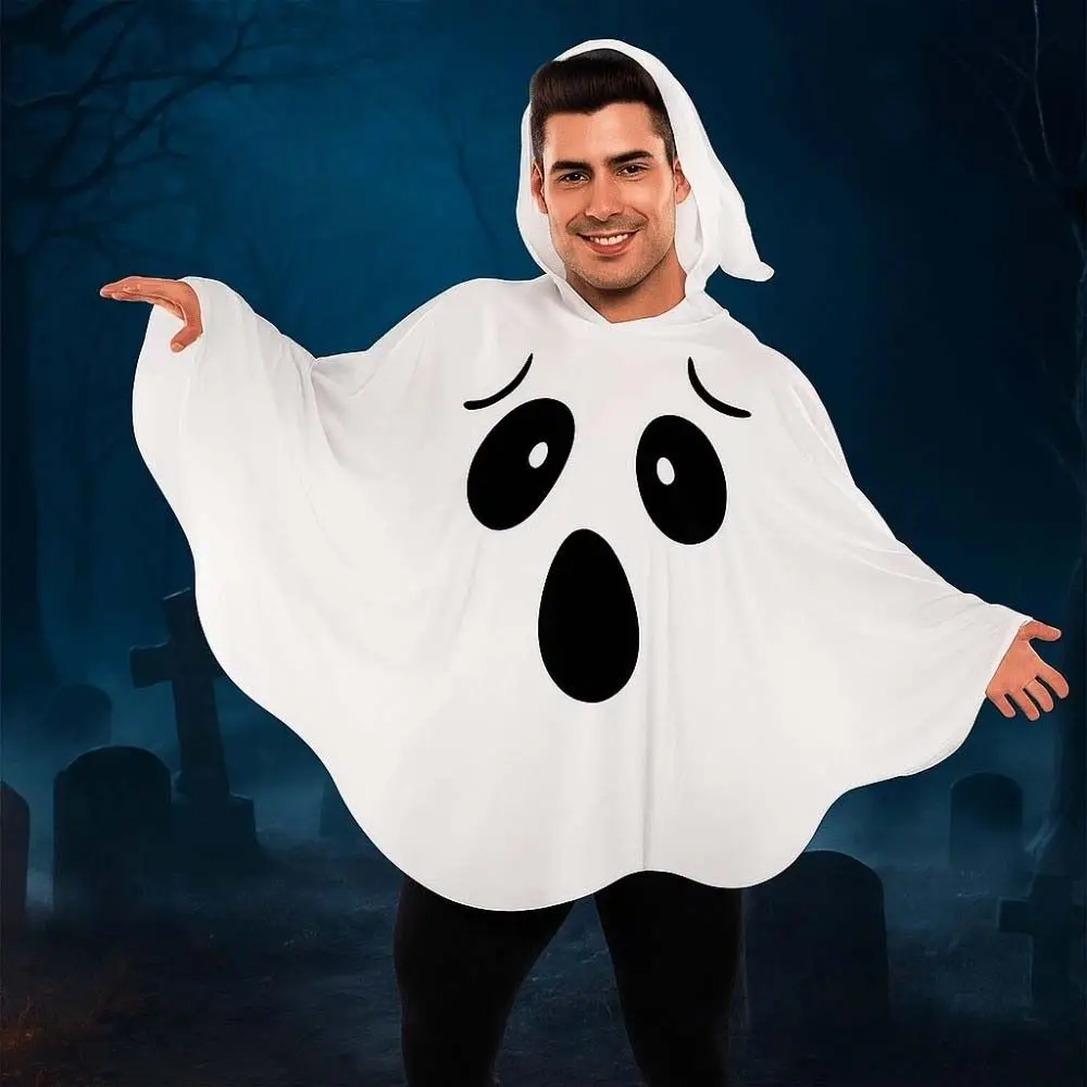 

Funny White Halloween Cloak Cape Black Eye Fright Clothes Ghost Poncho Robe Smock Style with Hat Ghost Cosplay Costume Men