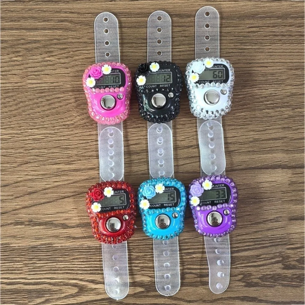 LCD Display Finger Tally Counter Rhinestone Decor Flower Shape Digital Finger Counter Compact Size Reset Button