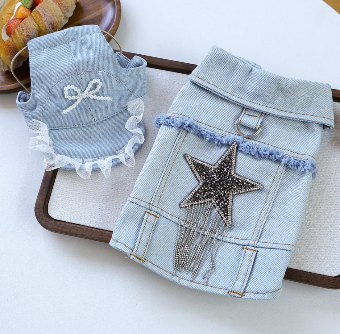 

2026 New Denim Dog Vest for Male Dogs, Cute Star Rhinestone Puppy Hoodie with Tassel, Cool Pet Jacket for Small Dogs Chihuahua