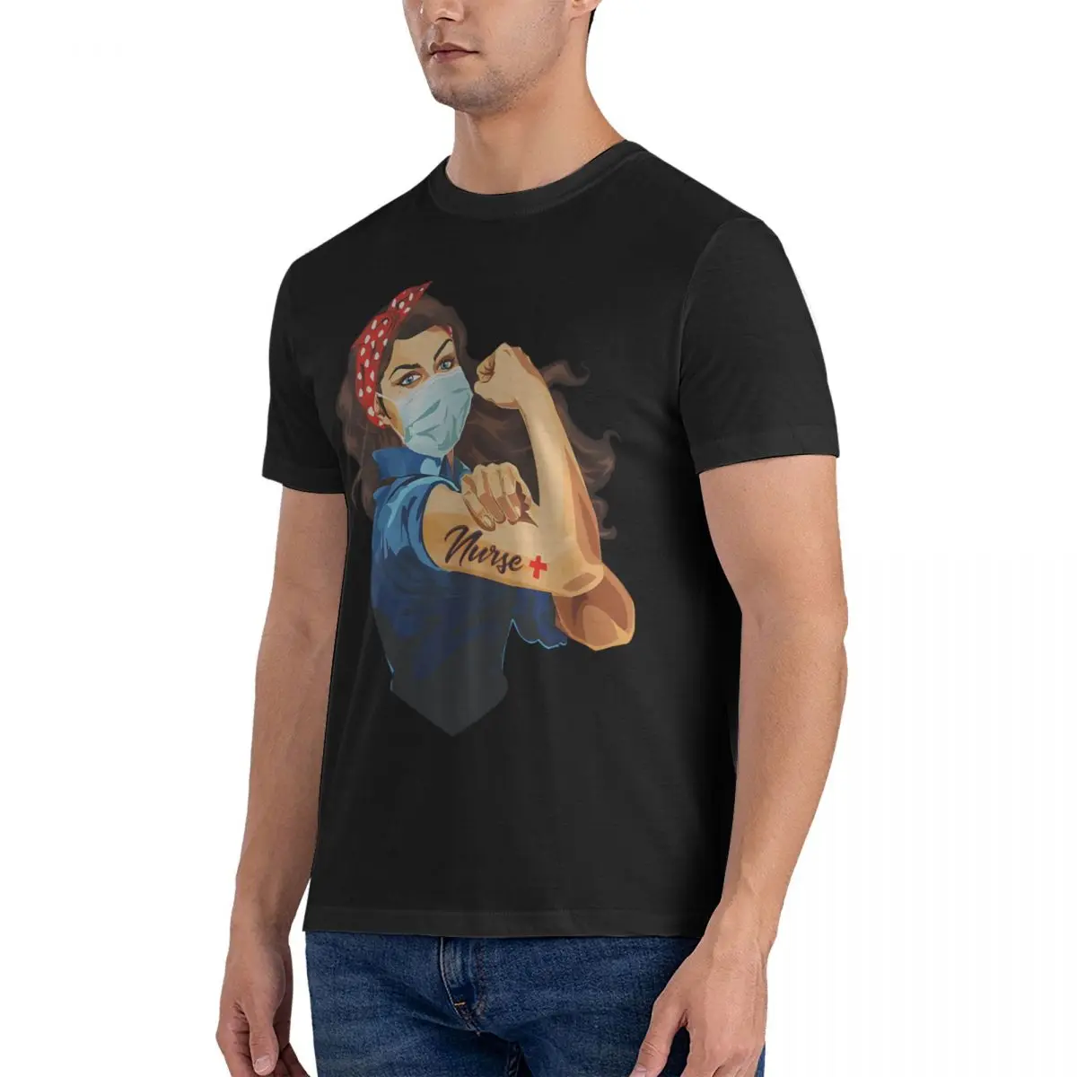 Mask Style T-Shirts for Men Rosie the Riveter Cool 100% Cotton Tee Shirt O Neck Short Sleeve T Shirt Printing Clothing